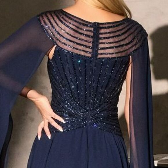 New Sequins Embellished Maxi Red Carpet Gown w/ Cape Sleeves & Boat Neck CD CL08 - Picture 6 of 10